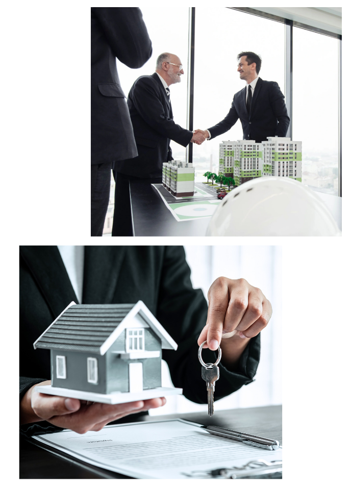 Men sharing hands with a person holding a key and dummy house