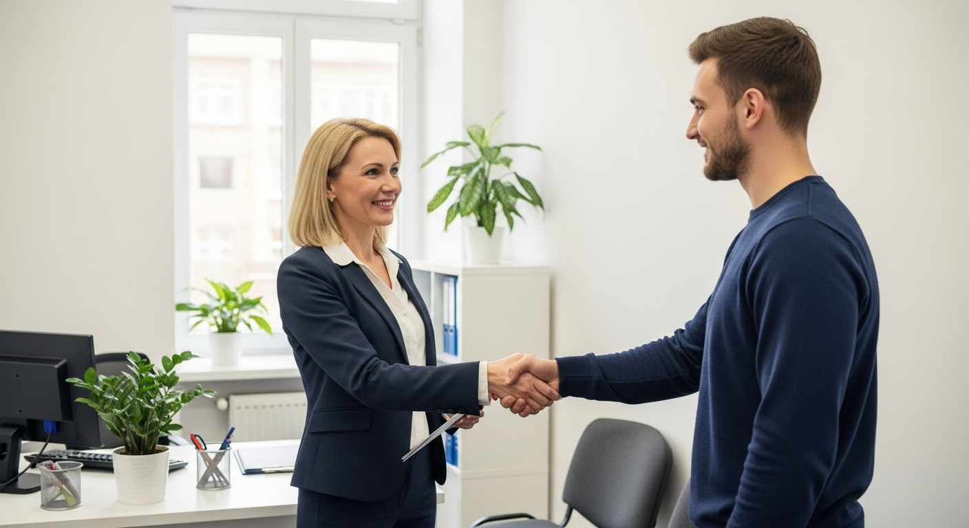 Smiling businesswoman shaking hands with man in office.