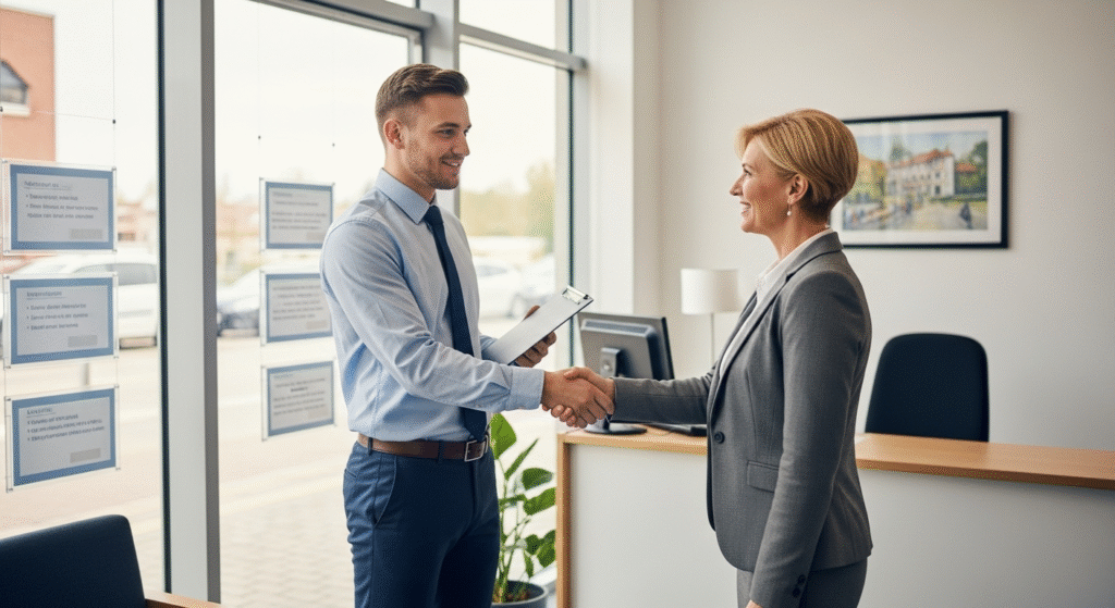 Businesswoman in a suit smiling and shaking hands with a man